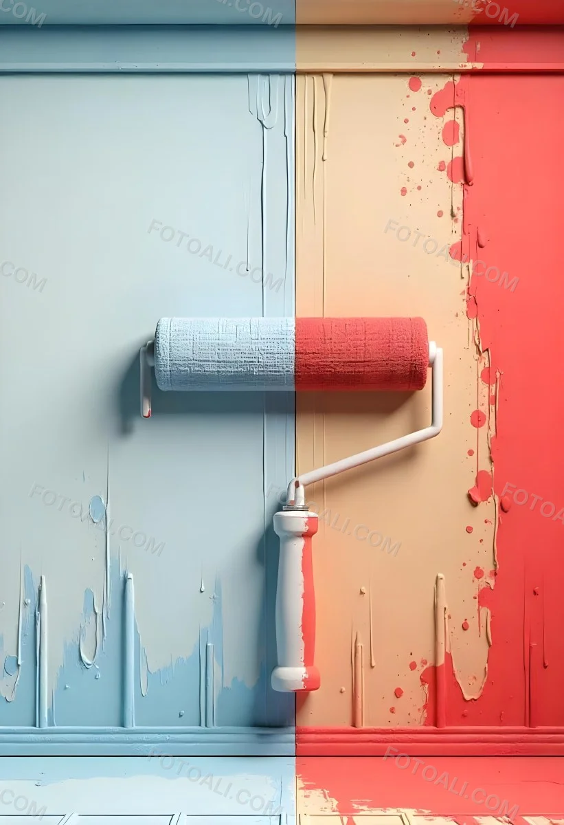 A Paint Roller With Half Blue And Half Red On A Wall With Half Blue And Half Red Paint 18 4364