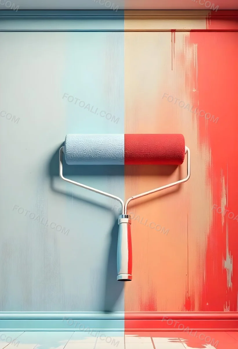 A Paint Roller With Half Blue And Half Red On A Wall With Half Blue And Half Red Paint 19 111b