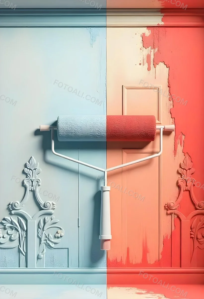 A Paint Roller With Half Blue And Half Red On A Wall With Half Blue And Half Red Paint 21 3f6d