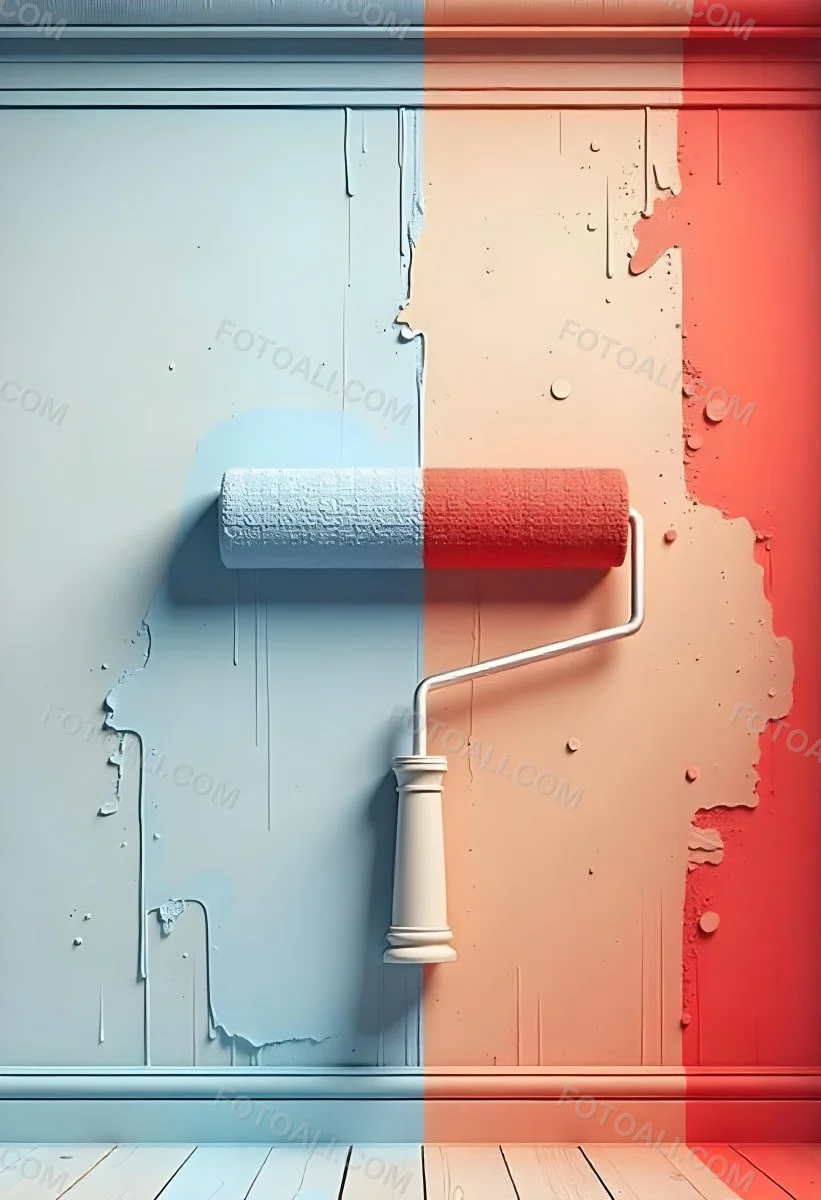 A Paint Roller With Half Blue And Half Red On A Wall With Half Blue And Half Red Paint 22 2129