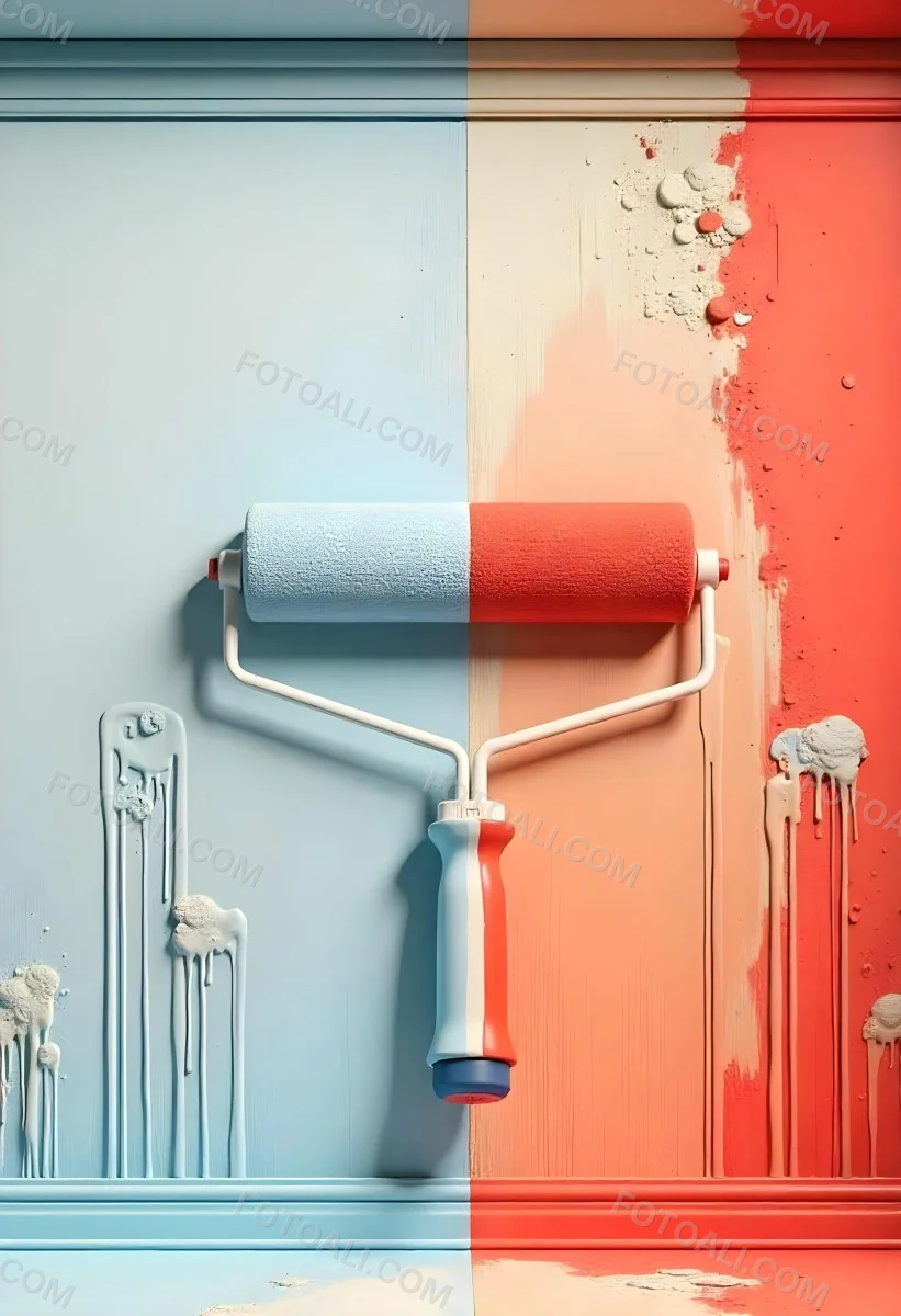 A Paint Roller With Half Blue And Half Red On A Wall With Half Blue And Half Red Paint 25 B6bd