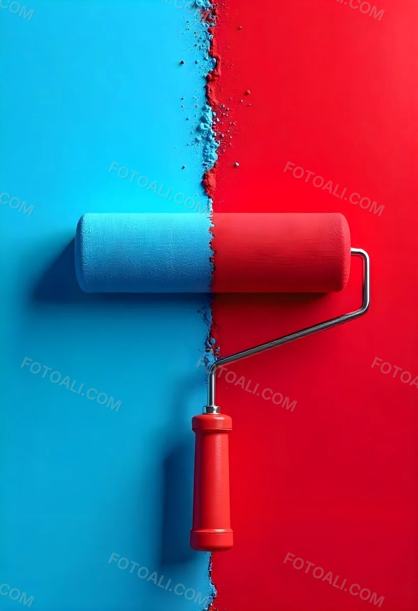 A Paint Roller With Half Blue And Half Red On A Wall With Half Blue And Half Red Paint 4 B2d4