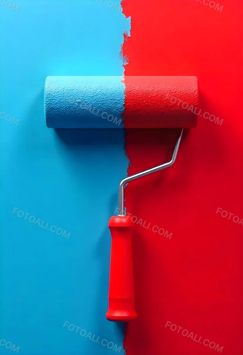 A Paint Roller With Half Blue And Half Red On A Wall With Half Blue And Half Red Paint 6 6b9a