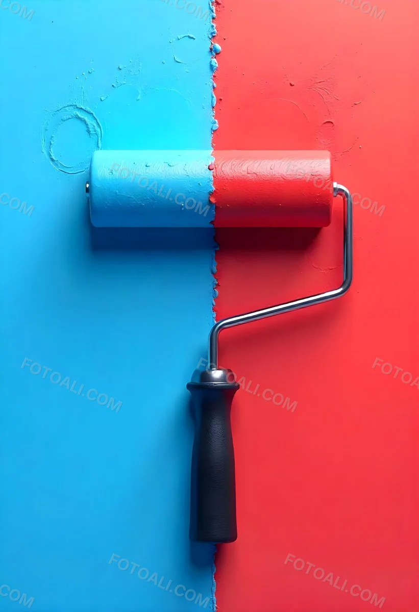 A Paint Roller With Half Blue And Half Red On A Wall With Half Blue And Half Red Paint 8 Cb4b