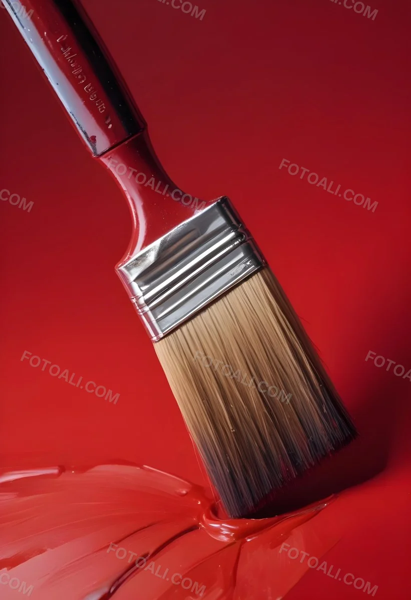 A Paintbrush With Red Handle And Red Tip Painting A Black Line On A Red Background Close Up Shot Studio Shot 28 C897