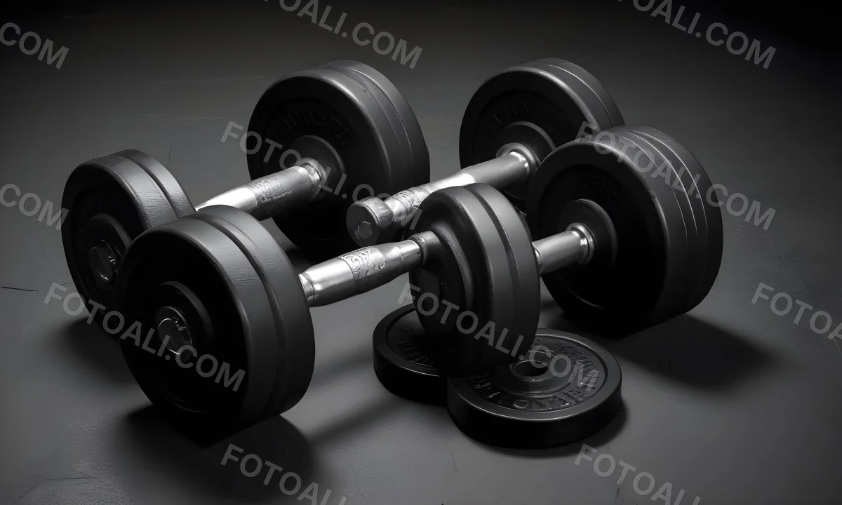 A Pair Of Black Metal Dumbbells With Weight Plates Stacked On A Dark Surface 11 9534