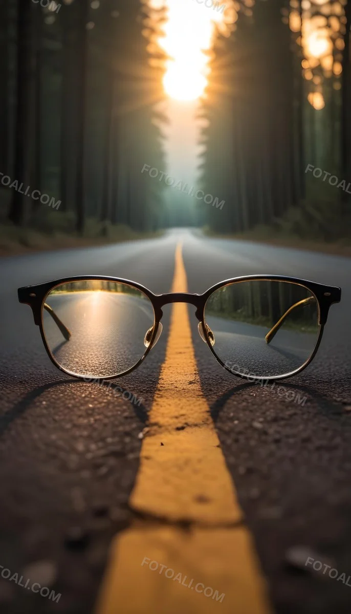 A Pair Of Glasses On A Road With A Yellow Line The Glasses Reflect The Road And The Forest In The Background The Sun Is Setting 21 A44a
