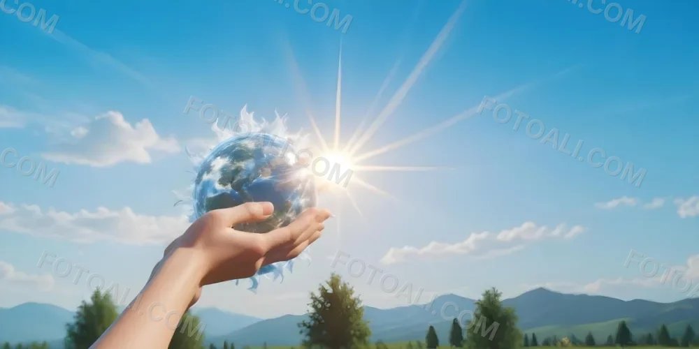 A Pair Of Hands Holding The Sun The Sun Is Shining From Behind The Sun Blue Sky And Green Field In The Background 12 F951