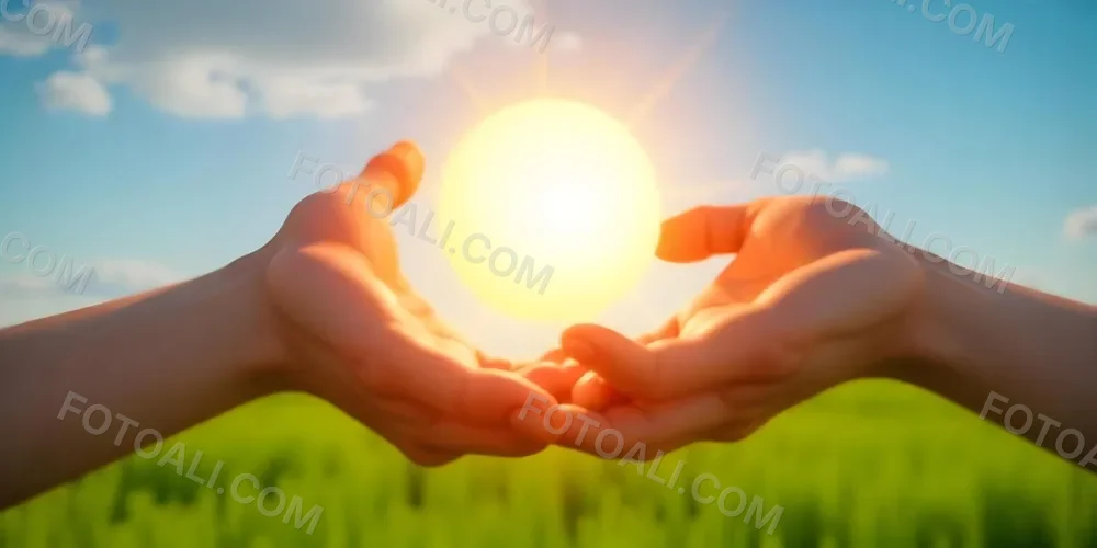 A Pair Of Hands Holding The Sun The Sun Is Shining From Behind The Sun Blue Sky And Green Field In The Background 16 6bfb