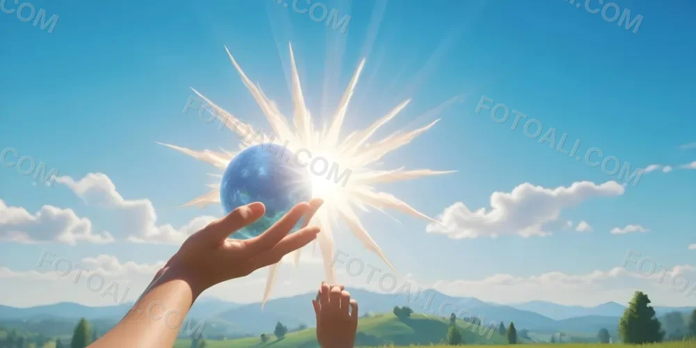 A Pair Of Hands Holding The Sun The Sun Is Shining From Behind The Sun Blue Sky And Green Field In The Background 2 Db18