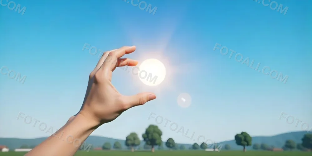 A Pair Of Hands Holding The Sun The Sun Is Shining From Behind The Sun Blue Sky And Green Field In The Background 21 4f01