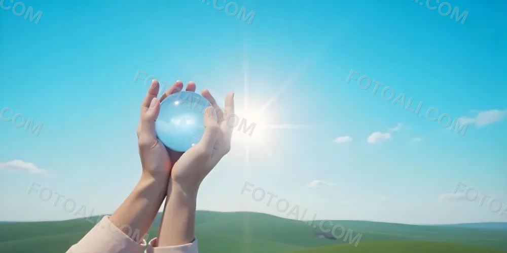 A Pair Of Hands Holding The Sun The Sun Is Shining From Behind The Sun Blue Sky And Green Field In The Background 23 2126