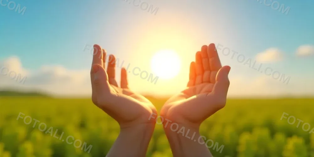 A Pair Of Hands Holding The Sun The Sun Is Shining From Behind The Sun Blue Sky And Green Field In The Background 28 E090