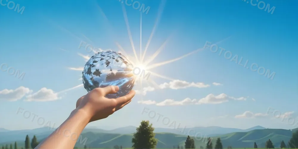 A Pair Of Hands Holding The Sun The Sun Is Shining From Behind The Sun Blue Sky And Green Field In The Background 6 F5f2