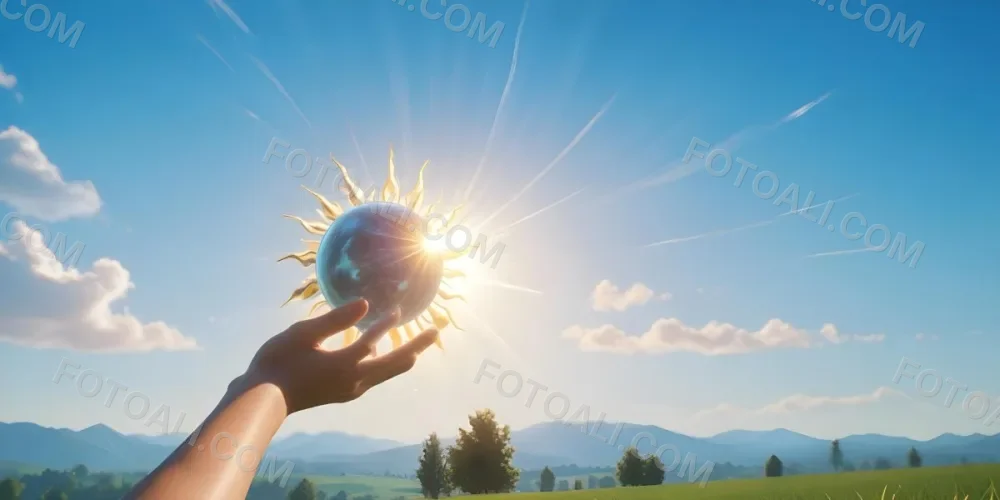 A Pair Of Hands Holding The Sun The Sun Is Shining From Behind The Sun Blue Sky And Green Field In The Background 8 Ccd4