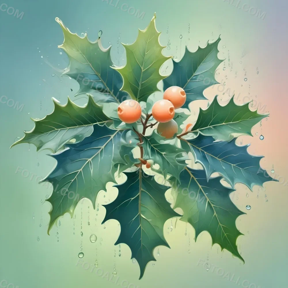 A Pastel Colored Holly Tree With Leaves In Shades Of Green Peach And Blue Set Against A Soft Gradient Background With Swirls And Water Droplets 1 D9e4