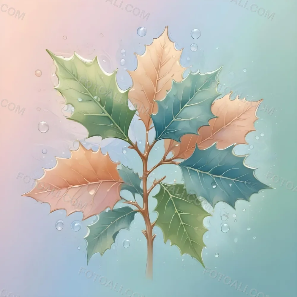 A Pastel Colored Holly Tree With Leaves In Shades Of Green Peach And Blue Set Against A Soft Gradient Background With Swirls And Water Droplets 19 15d6