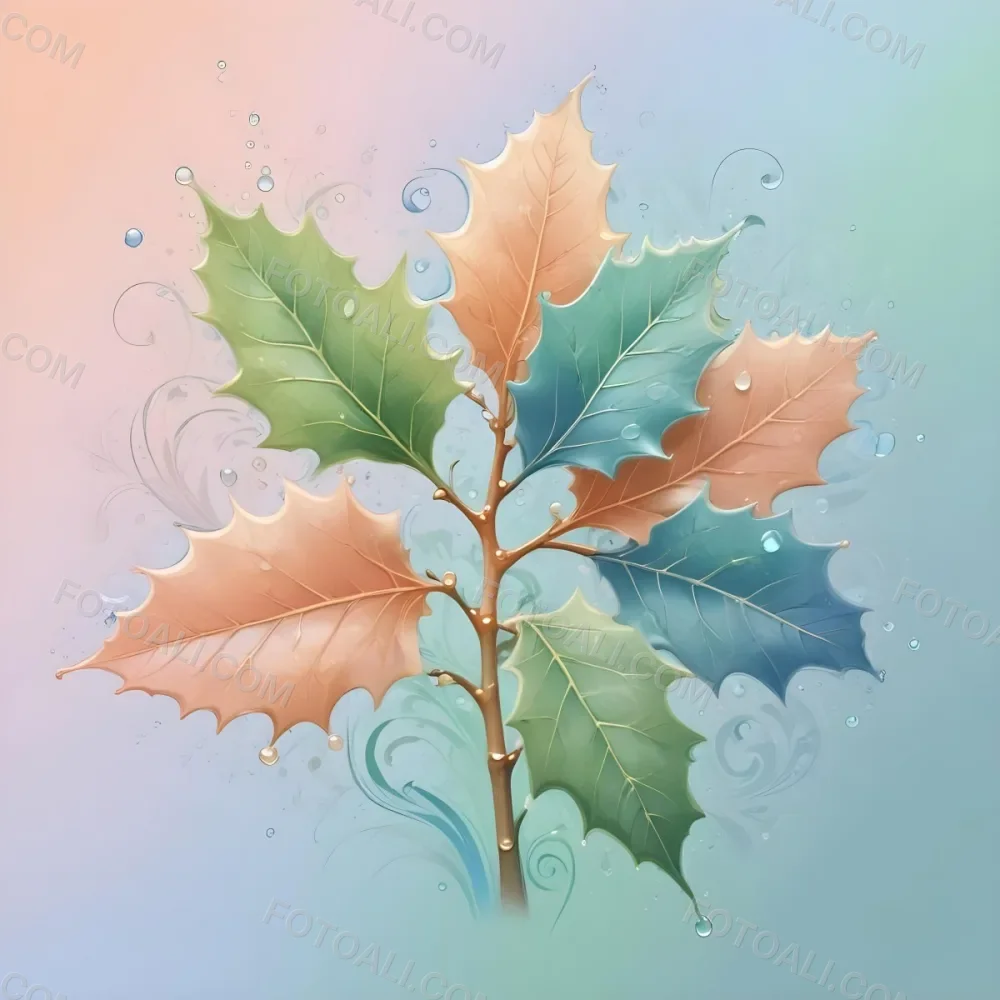 A Pastel Colored Holly Tree With Leaves In Shades Of Green Peach And Blue Set Against A Soft Gradient Background With Swirls And Water Droplets 21 78a4