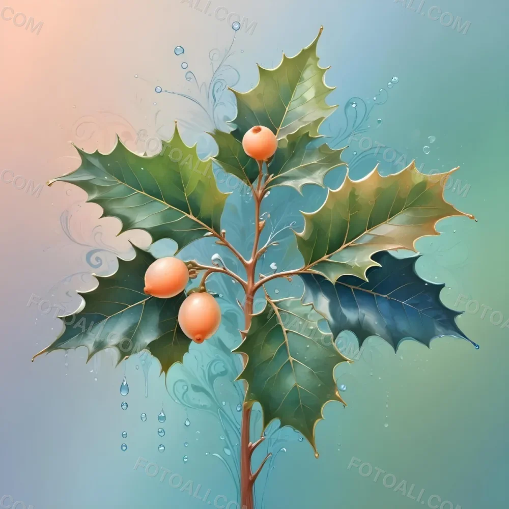 A Pastel Colored Holly Tree With Leaves In Shades Of Green Peach And Blue Set Against A Soft Gradient Background With Swirls And Water Droplets 22 7386