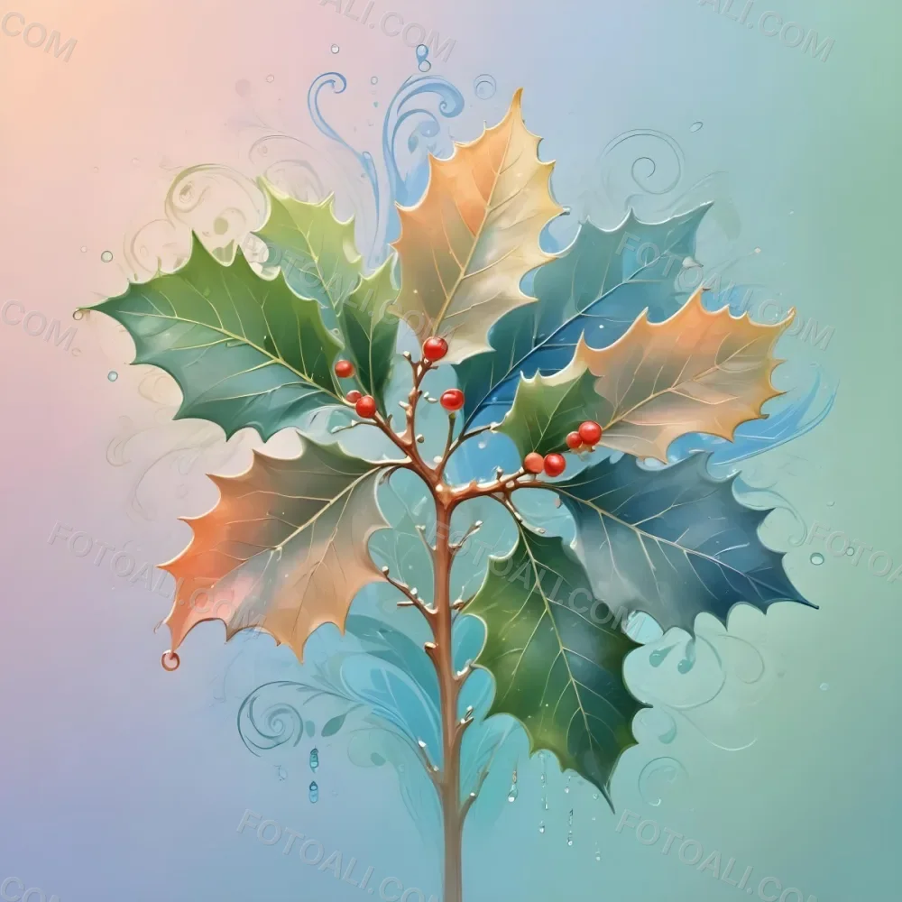 A Pastel Colored Holly Tree With Leaves In Shades Of Green Peach And Blue Set Against A Soft Gradient Background With Swirls And Water Droplets 23 2772