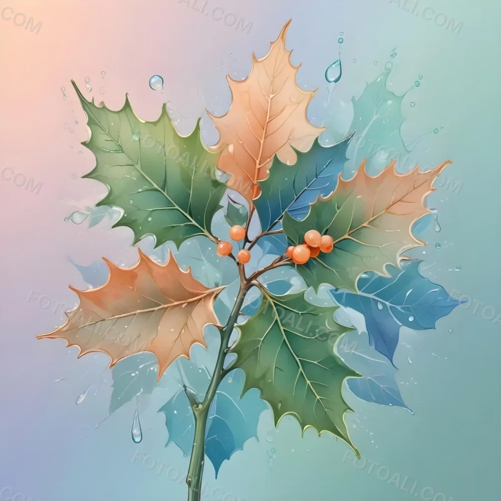 A Pastel Colored Holly Tree With Leaves In Shades Of Green Peach And Blue Set Against A Soft Gradient Background With Swirls And Water Droplets 24 E5f7