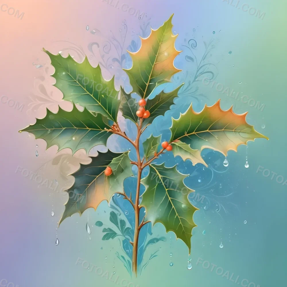A Pastel Colored Holly Tree With Leaves In Shades Of Green Peach And Blue Set Against A Soft Gradient Background With Swirls And Water Droplets 3 1ea1