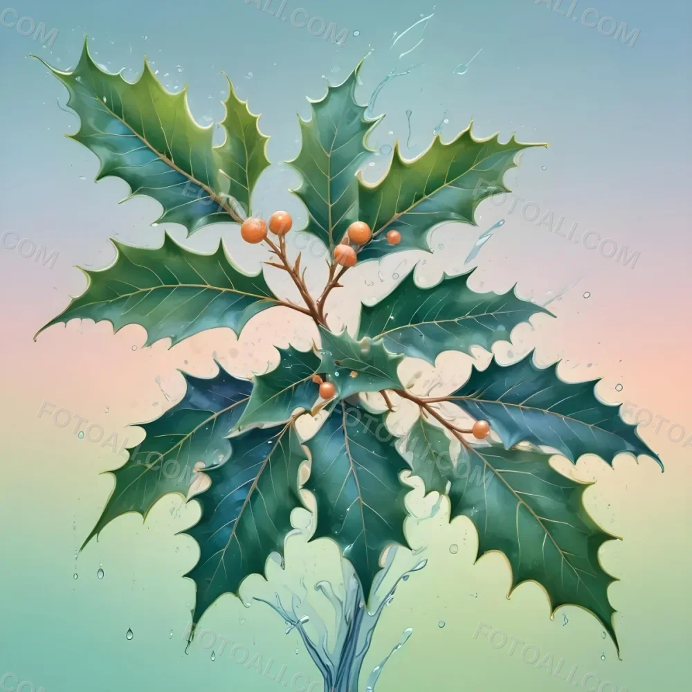 A Pastel Colored Holly Tree With Leaves In Shades Of Green Peach And Blue Set Against A Soft Gradient Background With Swirls And Water Droplets 5 D2f6