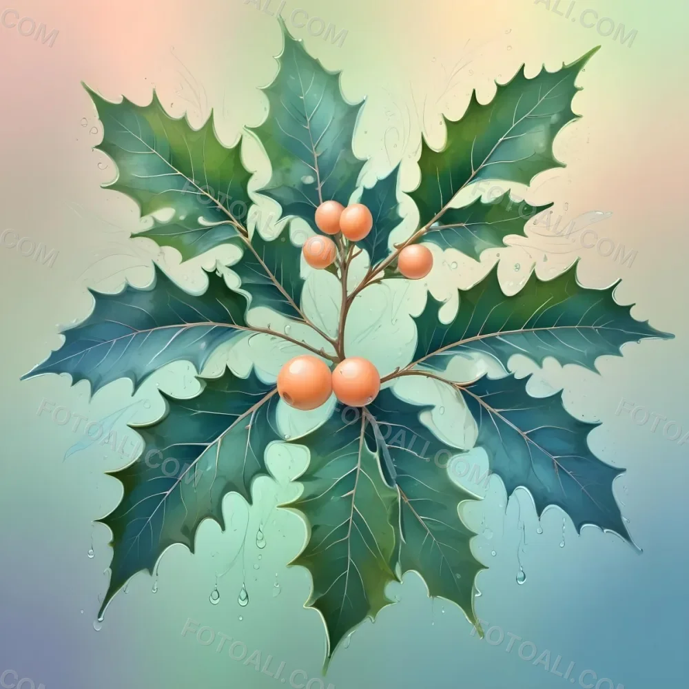 A Pastel Colored Holly Tree With Leaves In Shades Of Green Peach And Blue Set Against A Soft Gradient Background With Swirls And Water Droplets 6 9d3b