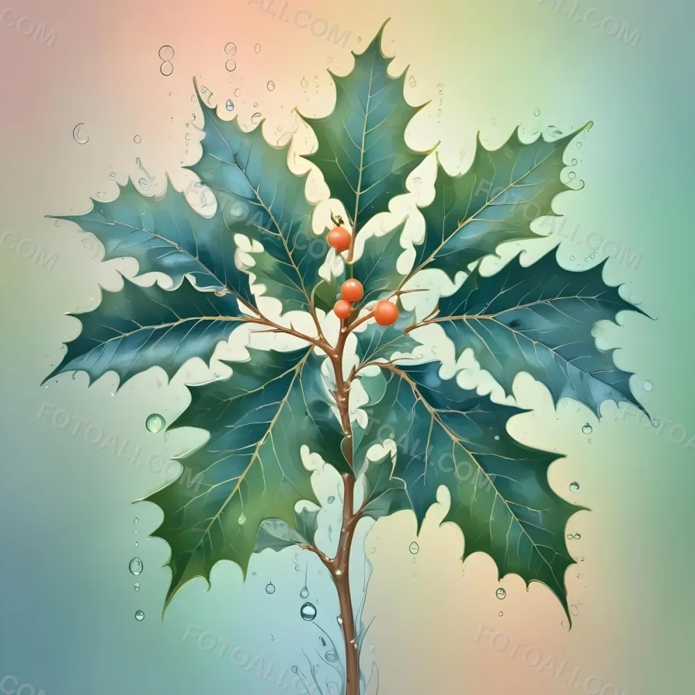 A Pastel Colored Holly Tree With Leaves In Shades Of Green Peach And Blue Set Against A Soft Gradient Background With Swirls And Water Droplets 7 F2cf