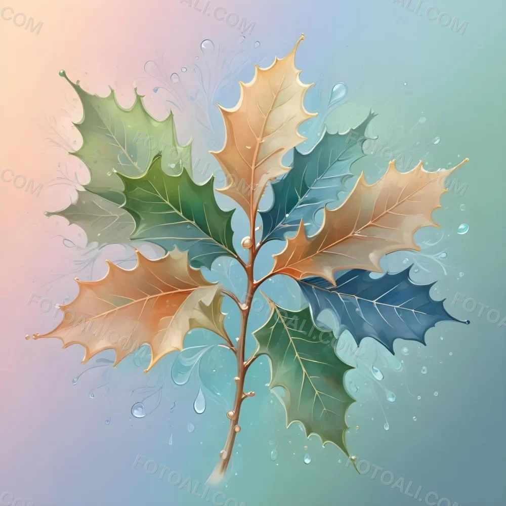A Pastel Colored Holly Tree With Leaves In Shades Of Green Peach And Blue Set Against A Soft Gradient Background With Swirls And Water Droplets 8 A605