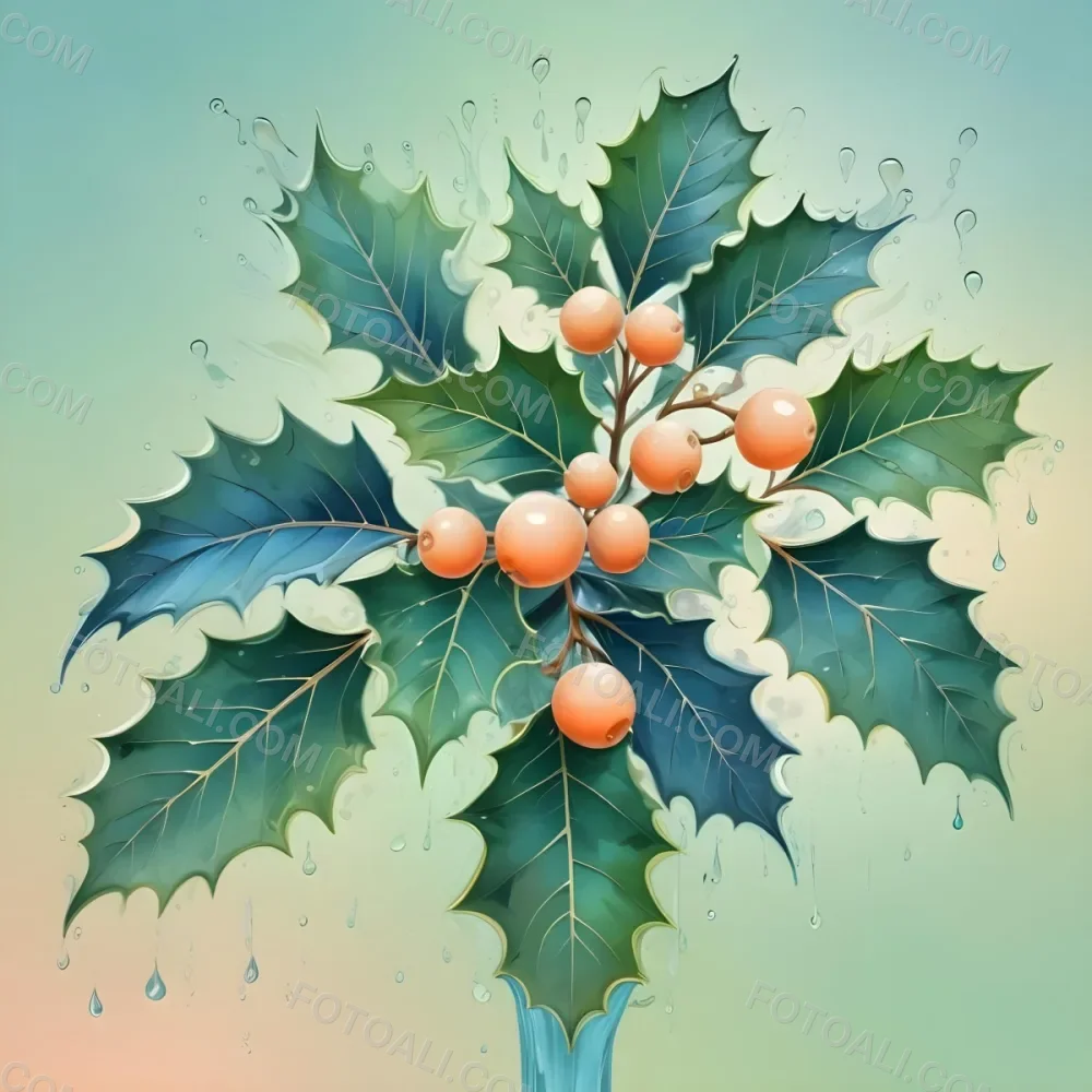 A Pastel Colored Holly Tree With Leaves In Shades Of Green Peach And Blue Set Against A Soft Gradient Background With Swirls And Water Droplets 9 476c
