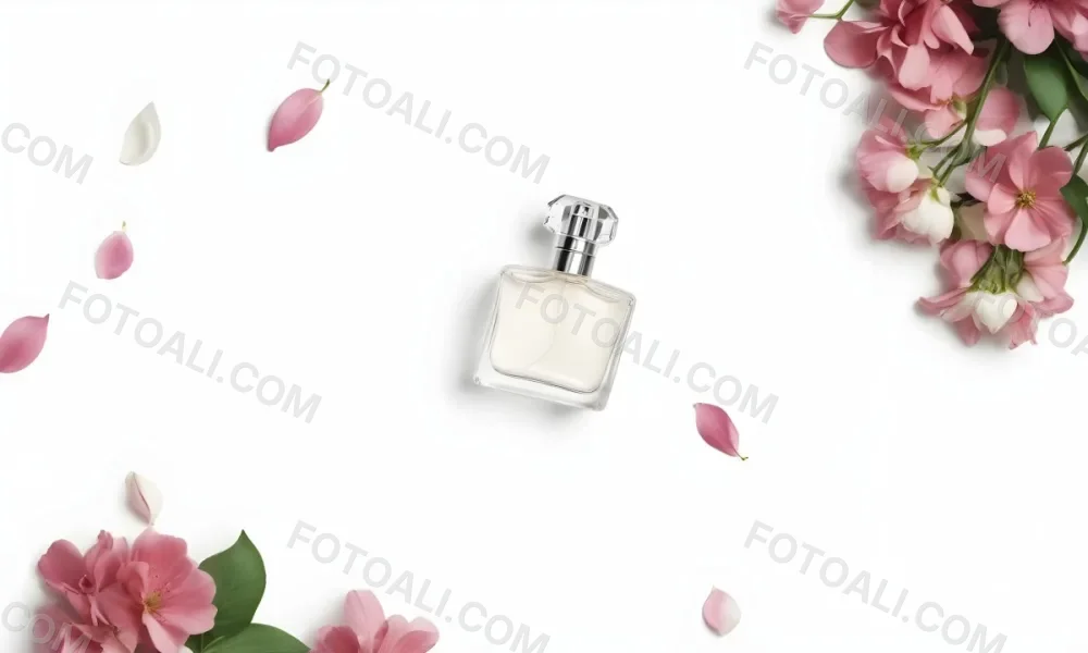 A Perfume Bottle Surrounded By White Flower Petals On A White Background Top Down View Soft Lighting Minimalist Composition Elegant Fresh Clean Beauty Product Floral Arrangement 13 A38e