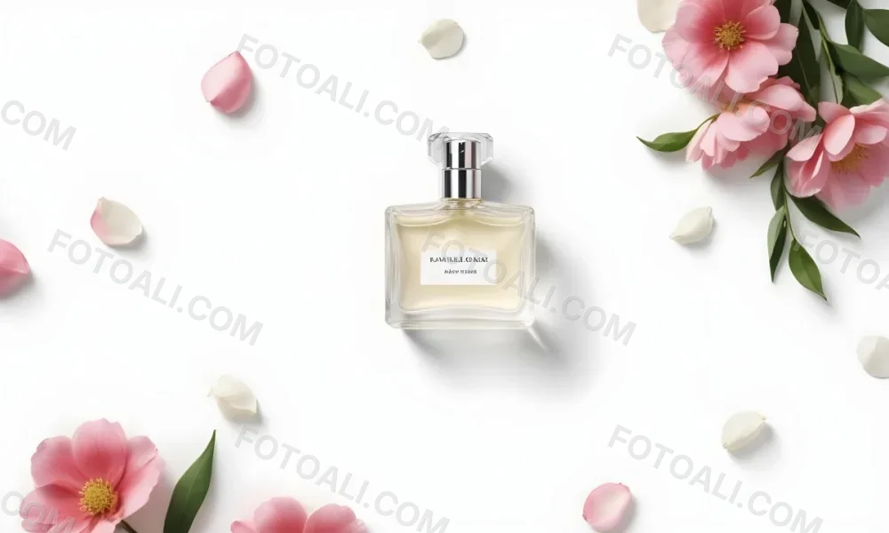 A Perfume Bottle Surrounded By White Flower Petals On A White Background Top Down View Soft Lighting Minimalist Composition Elegant Fresh Clean Beauty Product Floral Arrangement 19 4412