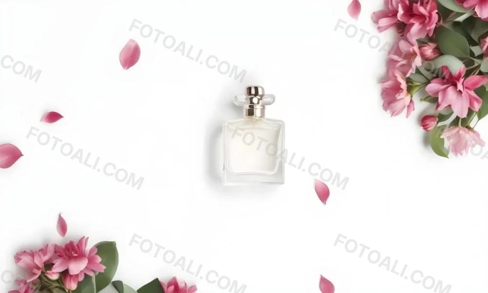 A Perfume Bottle Surrounded By White Flower Petals On A White Background Top Down View Soft Lighting Minimalist Composition Elegant Fresh Clean Beauty Product Floral Arrangement 21 Bc85