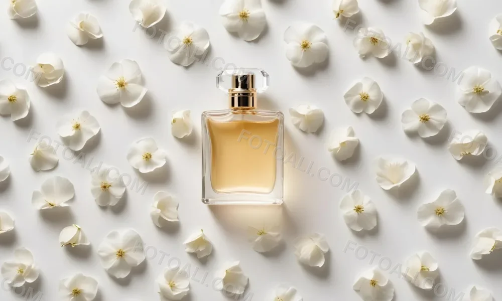 A Perfume Bottle Surrounded By White Flower Petals On A White Background Top Down View Soft Lighting Minimalist Composition Elegant Fresh Clean Beauty Product Floral Arrangement 22 B8c0