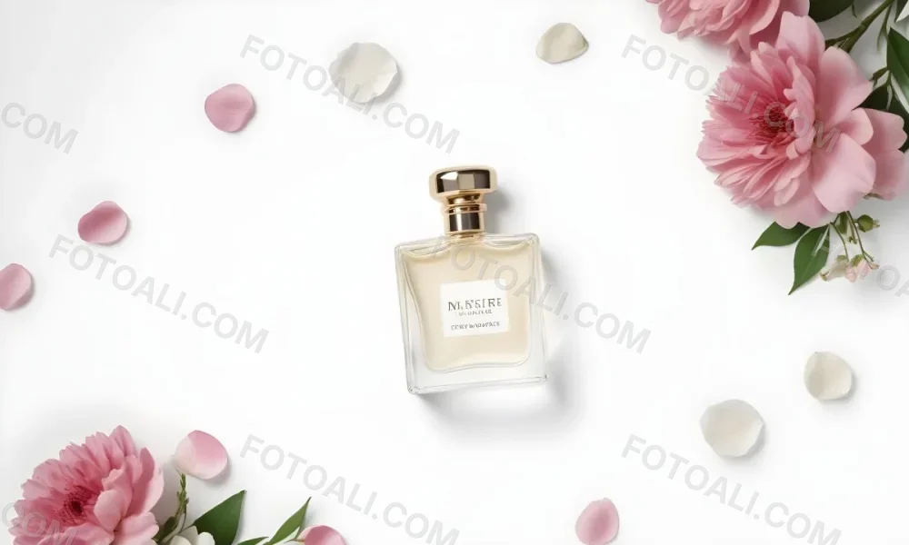 A Perfume Bottle Surrounded By White Flower Petals On A White Background Top Down View Soft Lighting Minimalist Composition Elegant Fresh Clean Beauty Product Floral Arrangement 29 F923