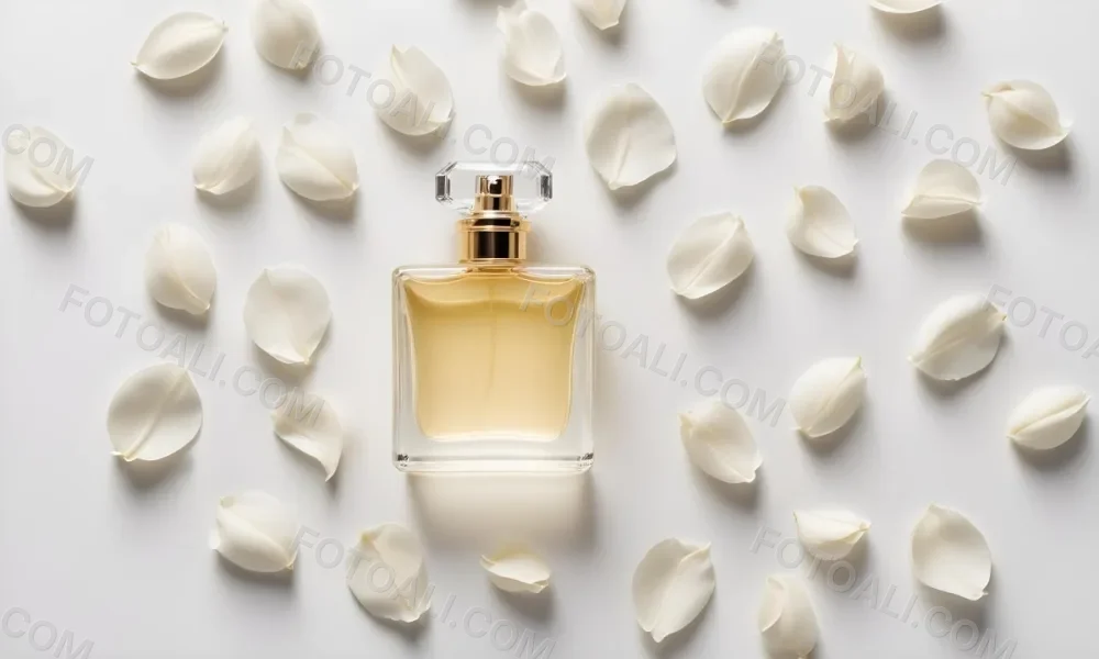 A Perfume Bottle Surrounded By White Flower Petals On A White Background Top Down View Soft Lighting Minimalist Composition Elegant Fresh Clean Beauty Product Floral Arrangement 32 Dc84