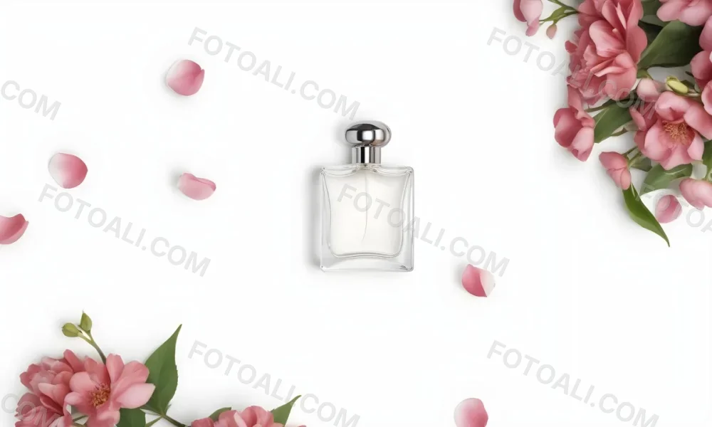 A Perfume Bottle Surrounded By White Flower Petals On A White Background Top Down View Soft Lighting Minimalist Composition Elegant Fresh Clean Beauty Product Floral Arrangement 38 3f5f