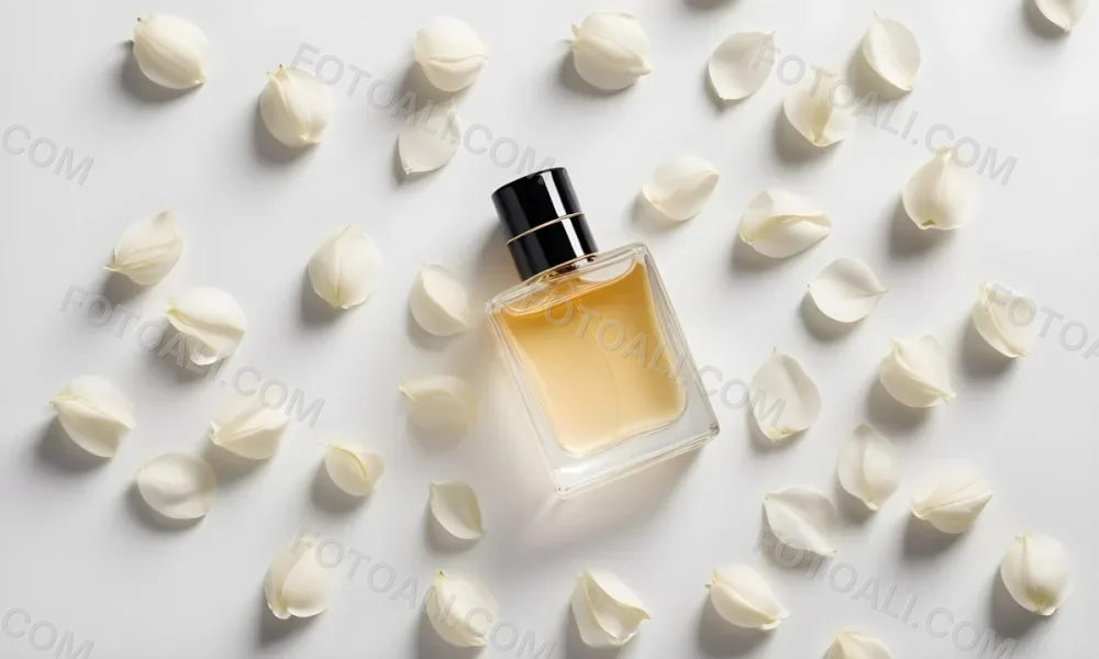 A Perfume Bottle Surrounded By White Flower Petals On A White Background Top Down View Soft Lighting Minimalist Composition Elegant Fresh Clean Beauty Product Floral Arrangement 50 D838