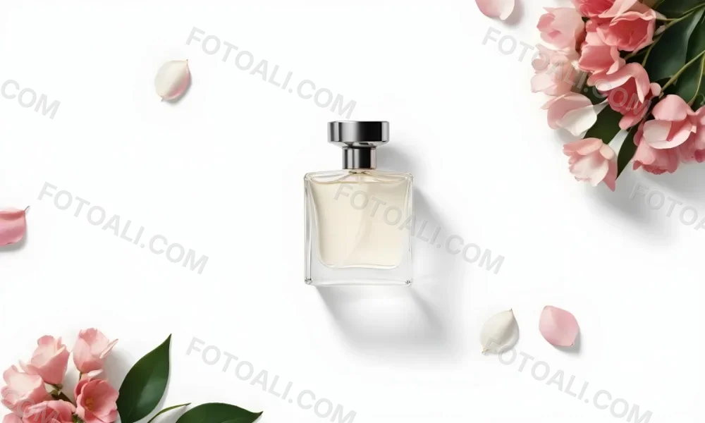 A Perfume Bottle Surrounded By White Flower Petals On A White Background Top Down View Soft Lighting Minimalist Composition Elegant Fresh Clean Beauty Product Floral Arrangement 62 8c6a