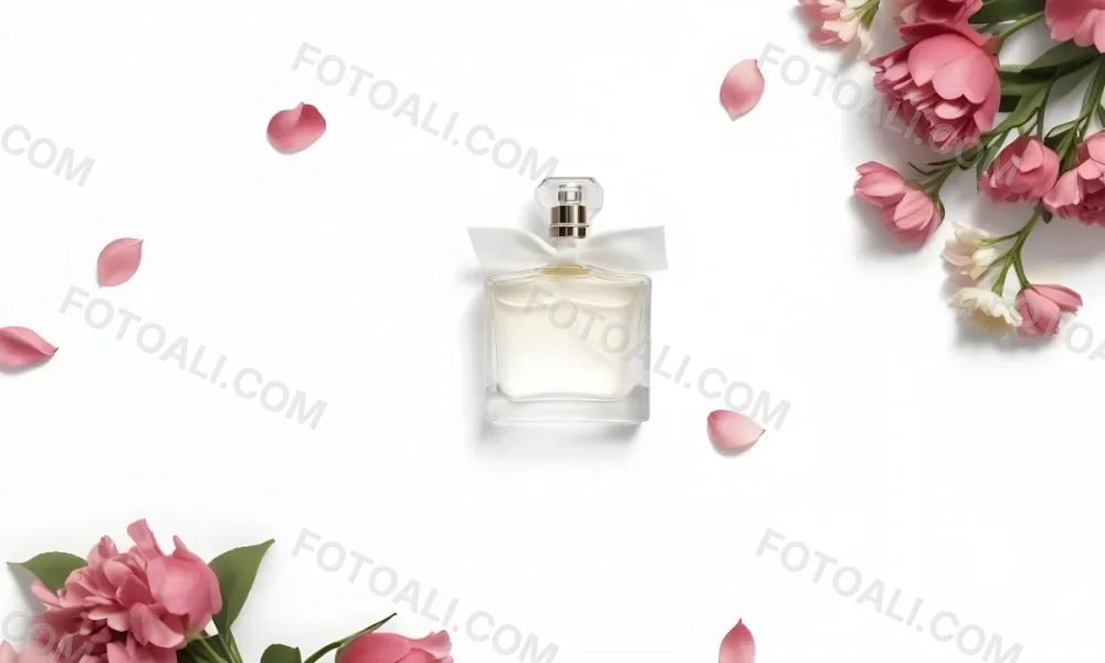 A Perfume Bottle Surrounded By White Flower Petals On A White Background Top Down View Soft Lighting Minimalist Composition Elegant Fresh Clean Beauty Product Floral Arrangement 66 638a
