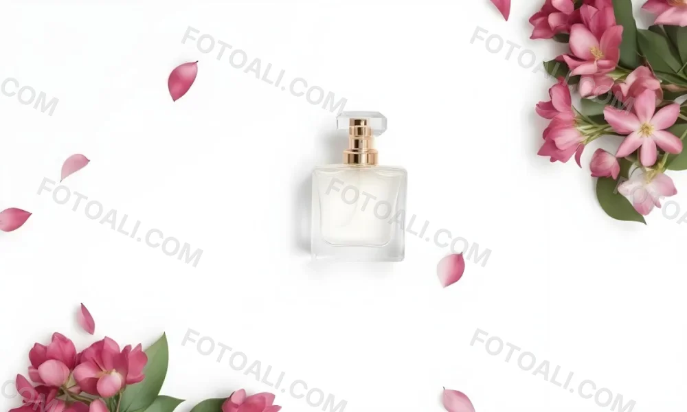 A Perfume Bottle Surrounded By White Flower Petals On A White Background Top Down View Soft Lighting Minimalist Composition Elegant Fresh Clean Beauty Product Floral Arrangement 7 106f