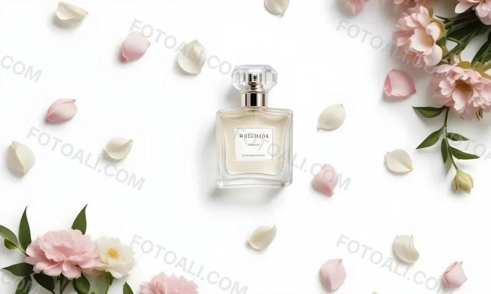 A Perfume Bottle Surrounded By White Flower Petals On A White Background Top Down View Soft Lighting Minimalist Composition Elegant Fresh Clean Beauty Product Floral Arrangement 70 3c98