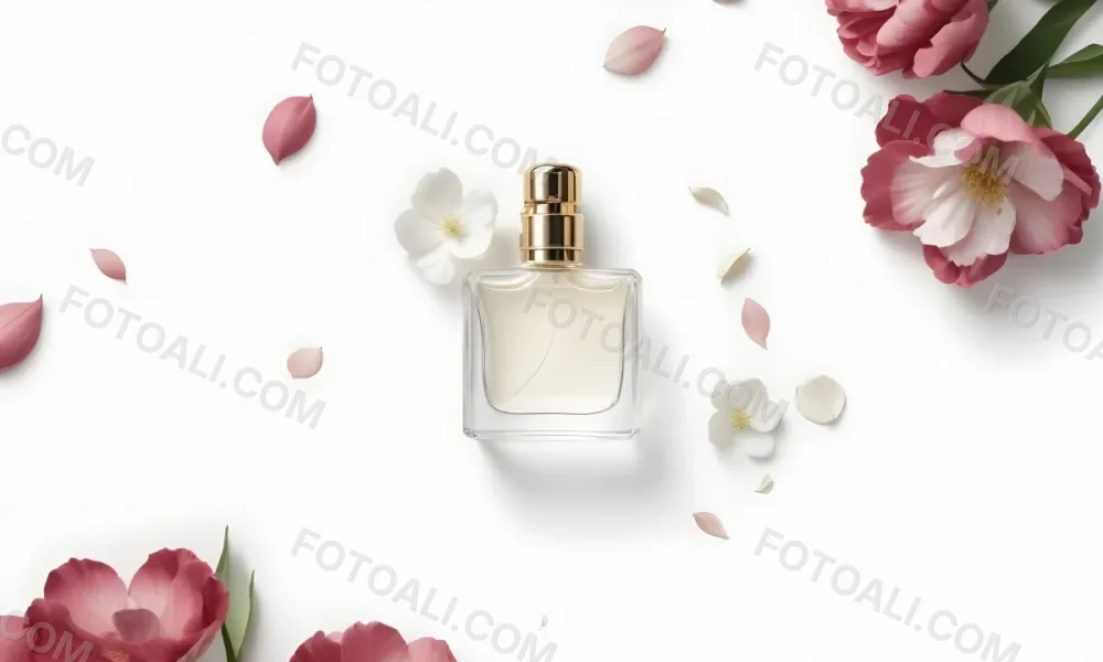A Perfume Bottle Surrounded By White Flower Petals On A White Background Top Down View Soft Lighting Minimalist Composition Elegant Fresh Clean Beauty Product Floral Arrangement 72 126c