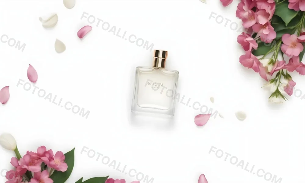 A Perfume Bottle Surrounded By White Flower Petals On A White Background Top Down View Soft Lighting Minimalist Composition Elegant Fresh Clean Beauty Product Floral Arrangement 73 4ed8