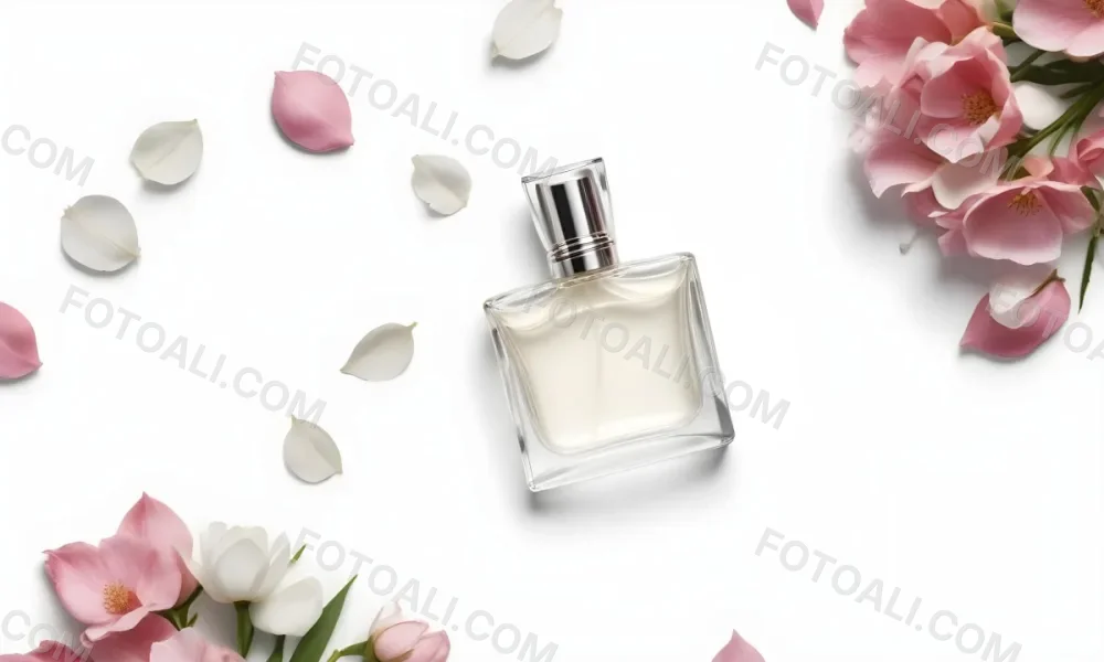 A Perfume Bottle Surrounded By White Flower Petals On A White Background Top Down View Soft Lighting Minimalist Composition Elegant Fresh Clean Beauty Product Floral Arrangement 74 3ad4