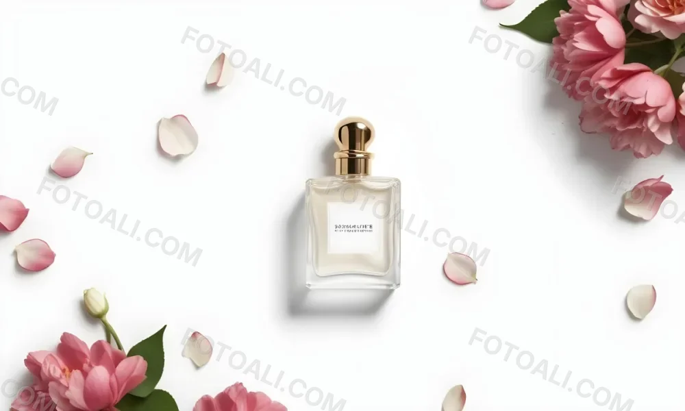 A Perfume Bottle Surrounded By White Flower Petals On A White Background Top Down View Soft Lighting Minimalist Composition Elegant Fresh Clean Beauty Product Floral Arrangement 75 2631