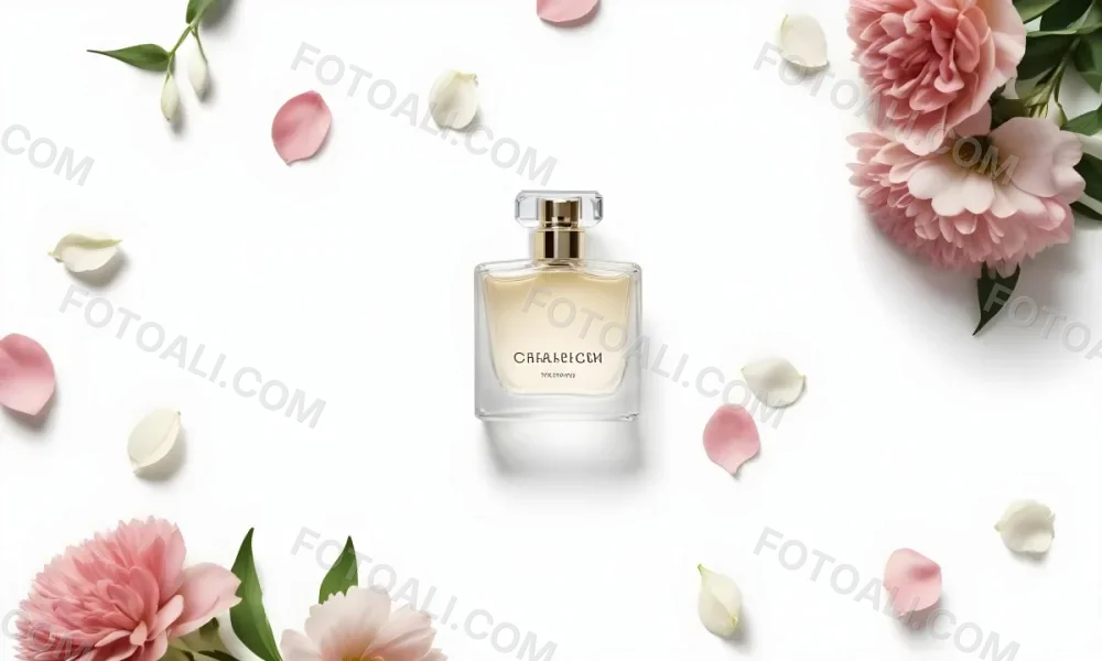 A Perfume Bottle Surrounded By White Flower Petals On A White Background Top Down View Soft Lighting Minimalist Composition Elegant Fresh Clean Beauty Product Floral Arrangement 76 9bcf