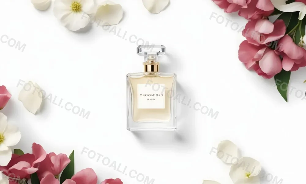 A Perfume Bottle Surrounded By White Flower Petals On A White Background Top Down View Soft Lighting Minimalist Composition Elegant Fresh Clean Beauty Product Floral Arrangement 9 Deae