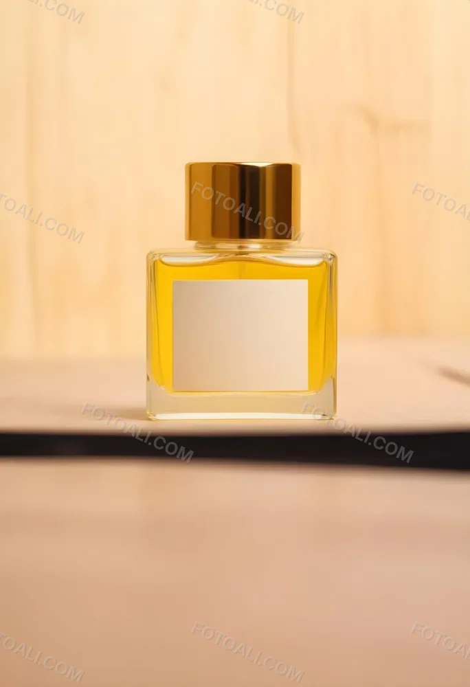 A Perfume Bottle With A Golden Cap And A Blank Label The Bottle Is Filled With A Yellow Liquid Wooden Background 19 D60b
